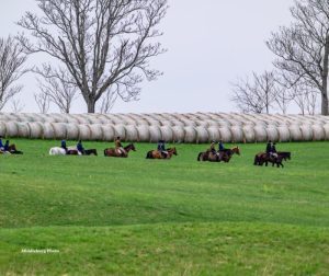 riders going across field by round bales